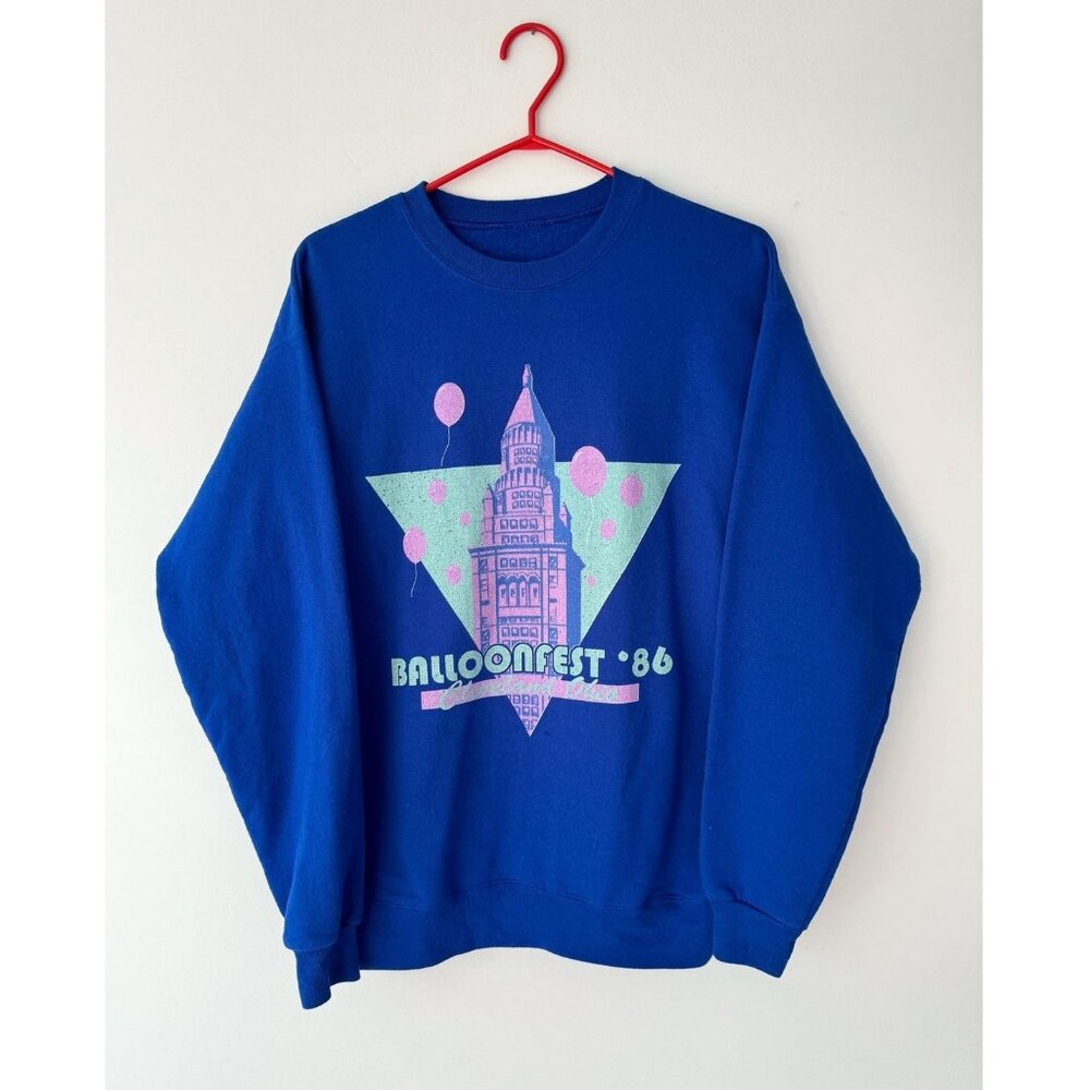 vintage blue balloonfest ohio funny humor graphic cozy cotton pullover sweater